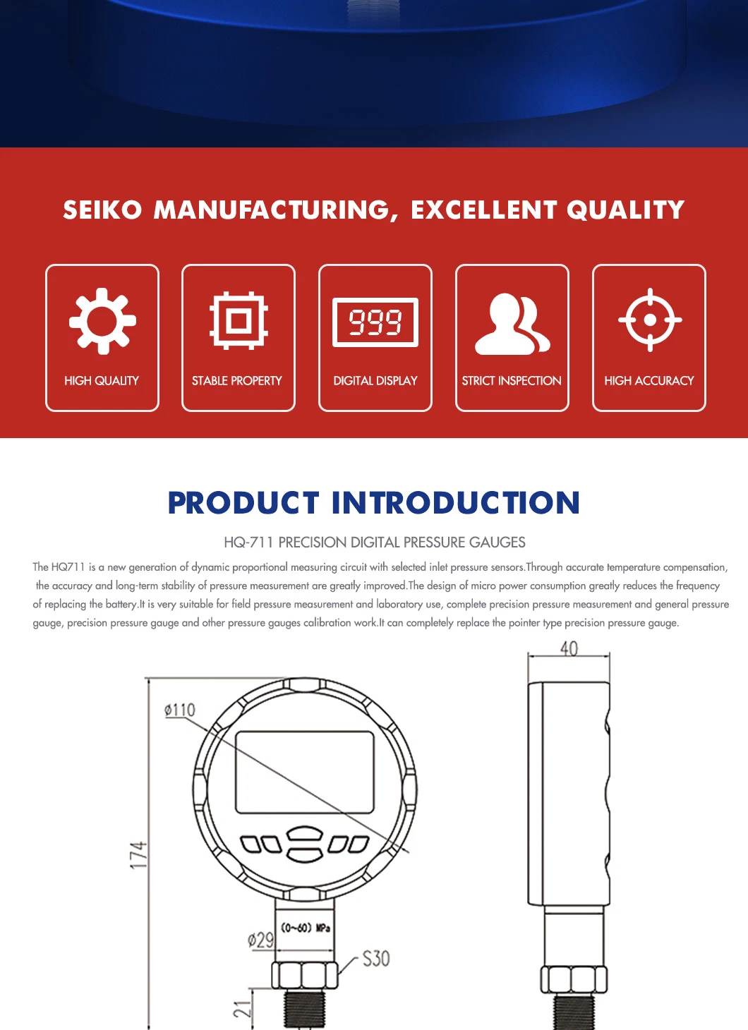 Hongqi OEM High Precision Intelligent Digital Pressure Gauge with ISO9001/CE/RoHS